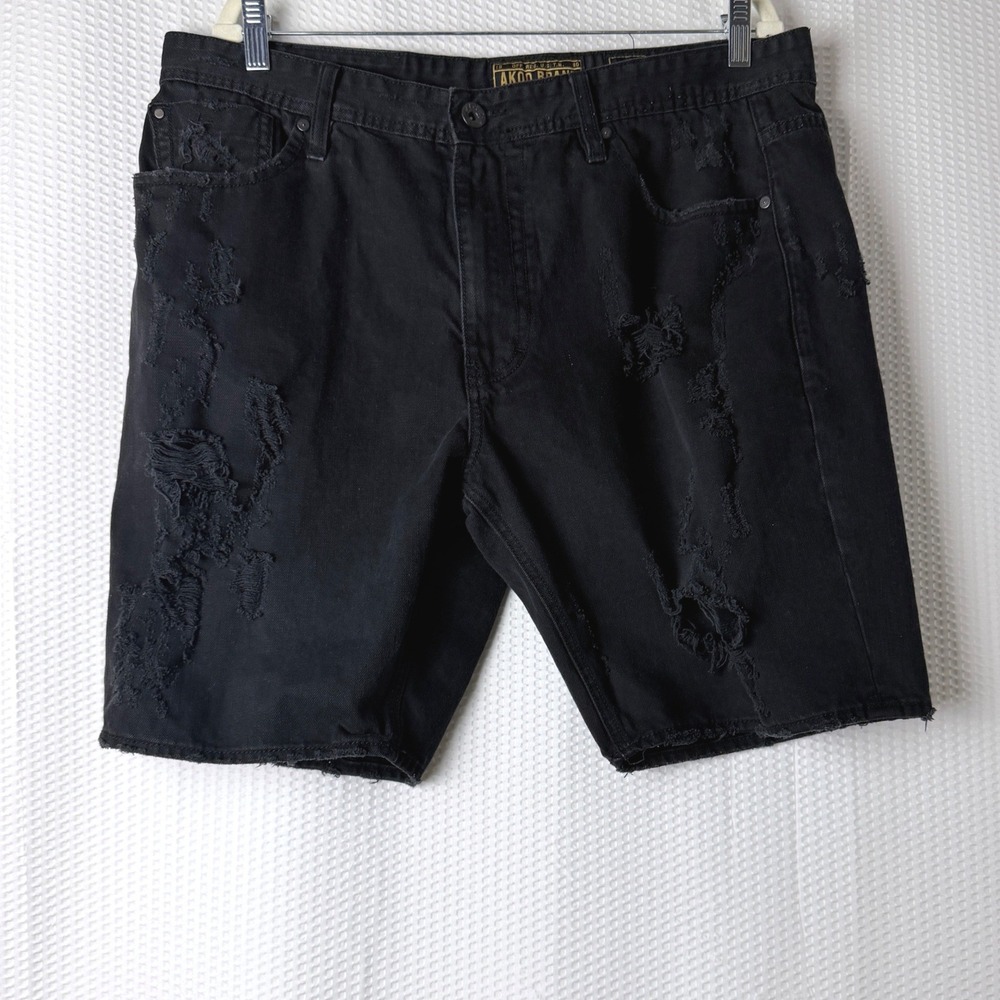 AKOO Denim Shorts Mens 38 Black Distressed Ripped Raw Hem Streetwear Urban Y2K